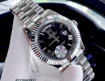 Đồng hồ Rolex Nam Date Day máy cơ Nhật bạc mặt đen cao cấp