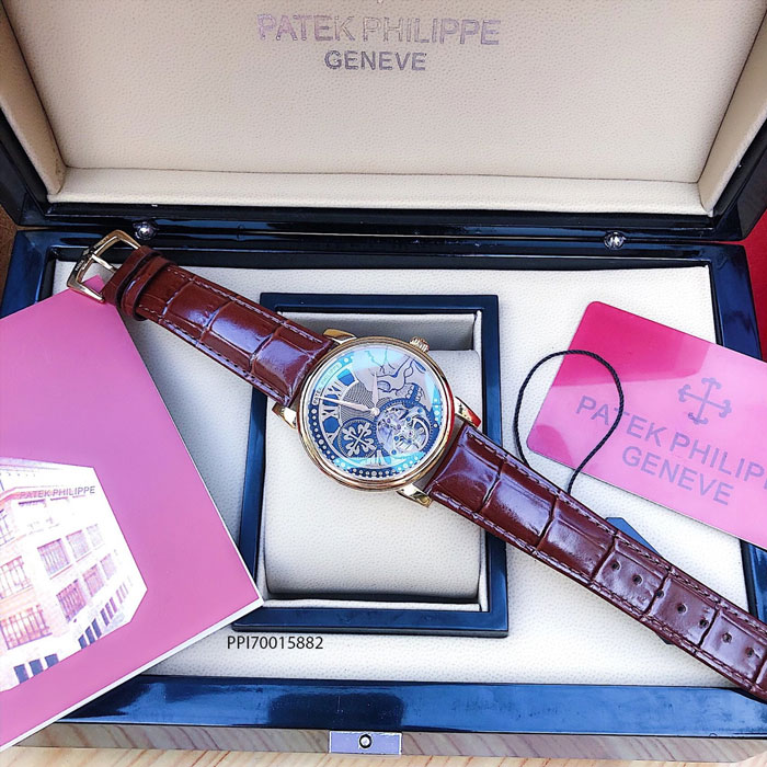Đồng hồ nam Patek Philippe máy cơ Thụy Sĩ dây đà điểu màu nâu siêu cấp