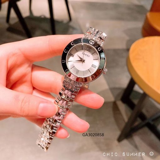 Đồng hồ nữ Gucci viền chữ đính đá màu trắng cao cấp giá rẻ