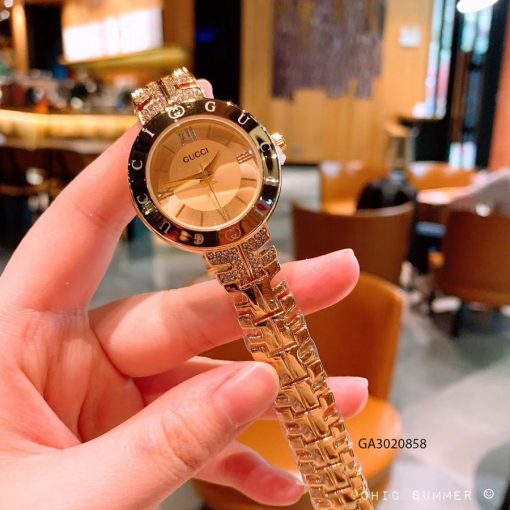 Đồng hồ nữ Gucci viền chữ đính đá mặt hồng cao cấp giá rẻ