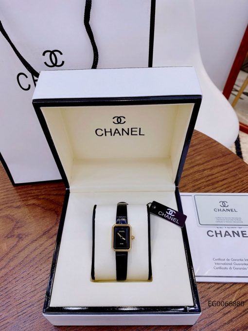 đồng hồ nữ Chanel Boy Friend Beige mặt đen viền vàng dây da cao cấp fullbox