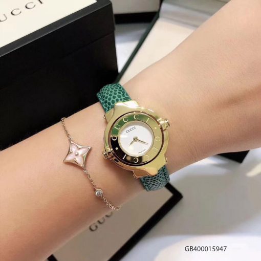 Đồng hồ nữ Gucci Vintage dạng lắc dây da xanh cao cấp giá rẻ fullbox
