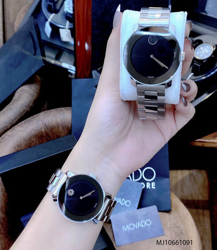 Đồng hồ cặp đôi Movado dây thép không gỉ bạc mặt xanh