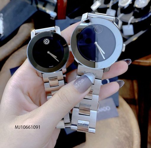 Đồng hồ cặp đôi Movado dây thép không gỉ bạc mặt đen