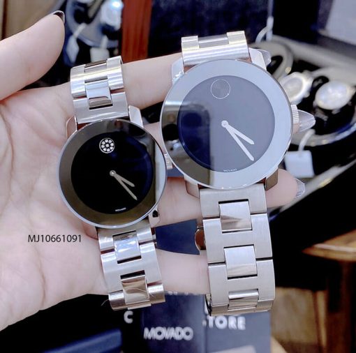 Đồng hồ cặp đôi Movado dây thép không gỉ bạc mặt đen