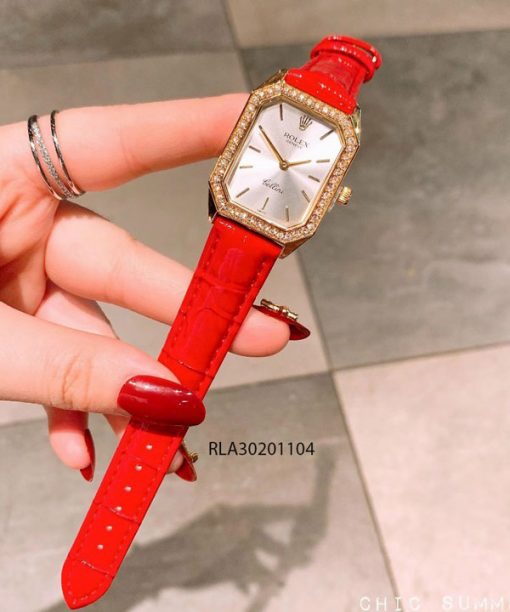 đồng hồ rolex nữ dây da đỏ viền vàng mini giá rẻ