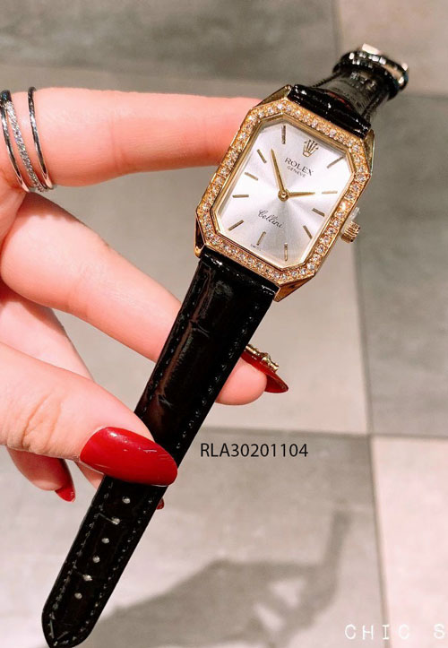 đồng hồ rolex nữ dây da đen viền vàng mini giá rẻ