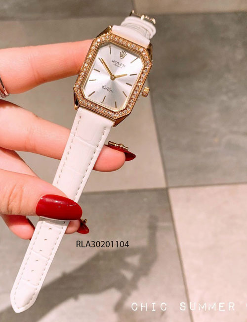 đồng hồ rolex nữ dây da trắng viền vàng mini giá rẻ
