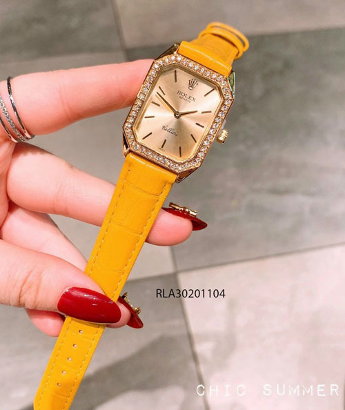 đồng hồ rolex nữ dây da vàng viền vàng mini giá rẻ