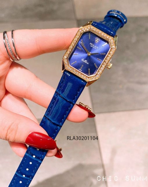 đồng hồ rolex nữ dây da xanh viền vàng mini giá rẻ