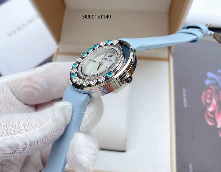 Đồng hồ Swarovski Diamond nữ viền đính đá Bezel cao cấp dây xanh ngọc