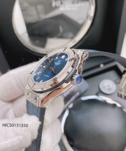 đồng hồ Hublot nữ máy cơ dây màu xanh dương viền đính đá