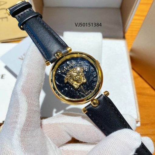Đồng hồ nữ Versace mặt tròn Palazzo Empire Barocco dây da đen