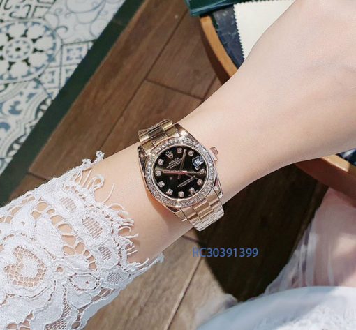 Đồng Hồ Rolex nữ size mini viền đính đá dây kim loại vàng mặt đen giá rẻ