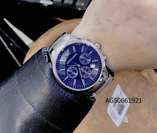 Đồng hồ nam Emporio Armani dây kim loại bạc mặt xanh chạy full kim