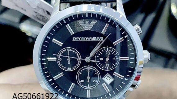 Đồng hồ nam Emporio Armani chạy full kim dây da đen mặt đen giá rẻ