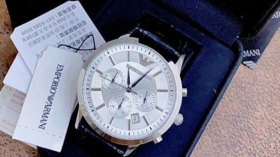 Đồng hồ nam Emporio Armani chạy full kim dây da đen mặt trắng giá rẻ