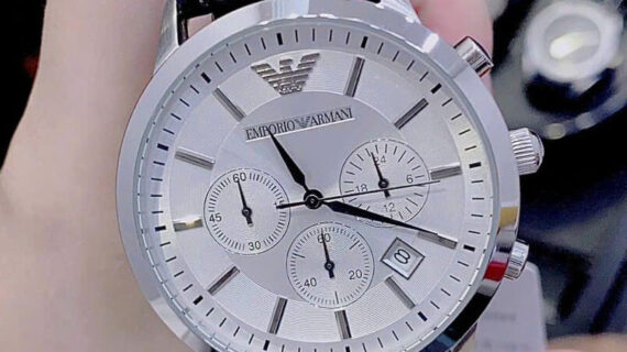 Đồng hồ nam Emporio Armani chạy full kim dây da đen mặt trắng giá rẻ