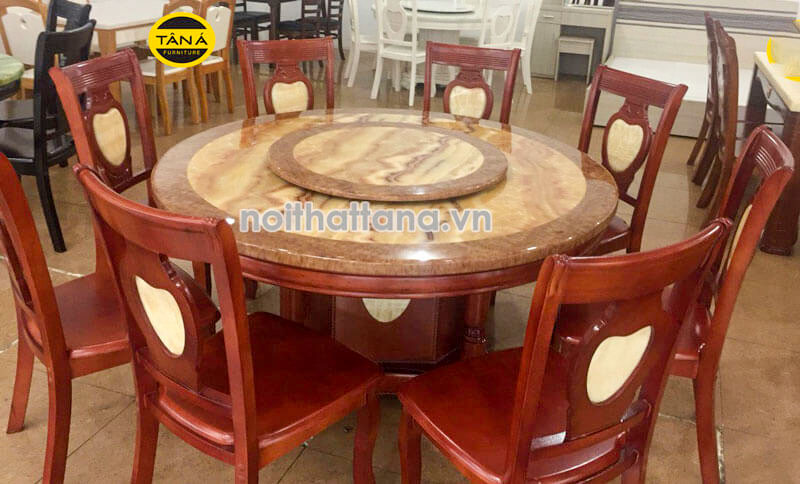 Bộ bàn ăn tròn mặt đá mâm xoay 8 ghế gỗ hiện đại