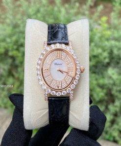 Đồng hồ Chopard L’Heure Du Diamant đính kim cương full viền dây màu đen