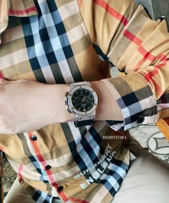 Đồng hồ Hublot Cặp nam nữ 5 kim viền bạc đính đá dây cao su cao cấp