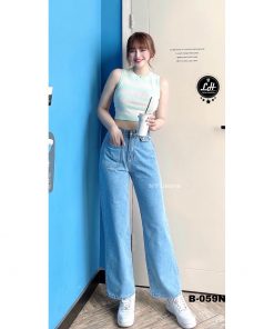 Quần ống rộng nữ quần jeans túi đắp vuông Lê Huy Fashion màu xanh nhạt MS 059