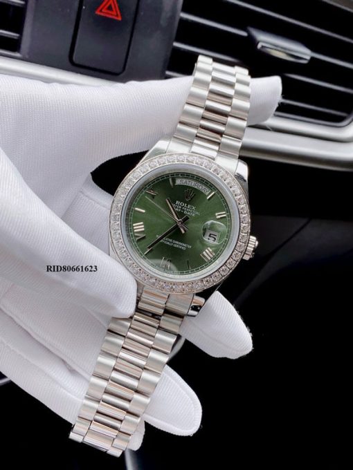 Đồng hồ nam Rolex Day-Date Automatic viền đính đá dây bạc mặt xanh