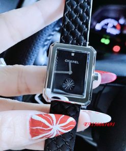 Đồng hồ Nữ Chanel Boy Friend dây da đen hình quả trám cao cấp viền bạc