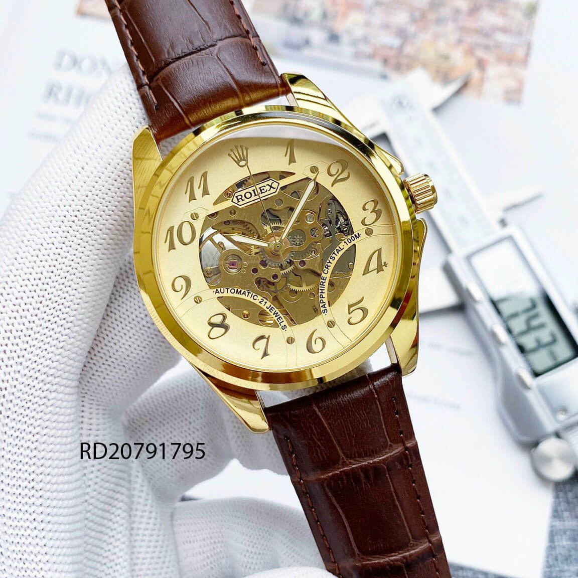 Đồng hồ nam Rolex cơ tự động lộ máy da gỉ giá rẻ