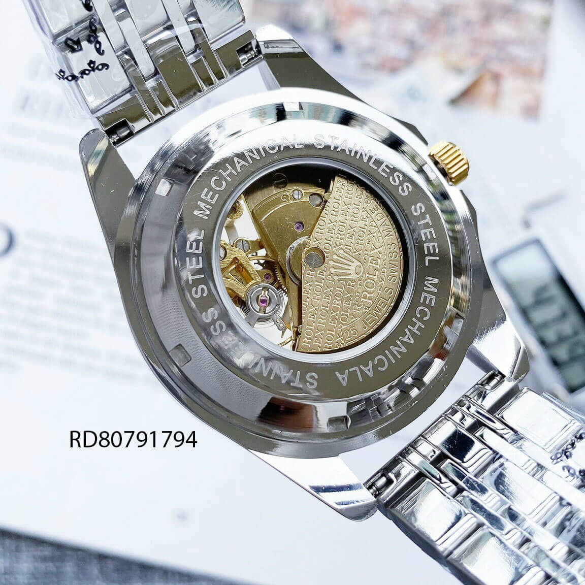 Đồng hồ nam Rolex cơ tự động lộ máy dây thép demi không gỉ giá rẻ