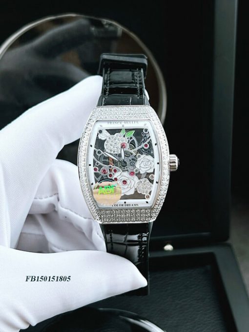 Đồng hồ nữ Franck Muller V32 ABF máy Thụy Sĩ mặt hoa dây da đen