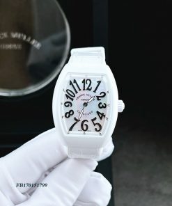 Đồng hồ nữ Franck Muller V32 ABF máy Thụy Sĩ viền trơn siêu cấp dây silicon bọc da trắng