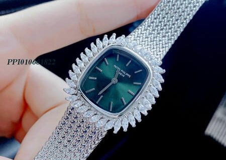 Đồng hồ nữ Patek Philippe Satine mặt khảm trai xanh dây bạc viền đá cao cấp