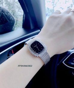 Đồng hồ nữ Patek Philippe Satine mặt khảm trai đen viền đá cao cấp