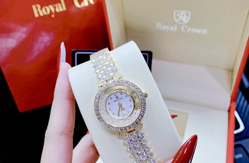 Đồng hồ Royal Crown RC2606 nữ dây đá màu vàng viền đá xoàn Mỹ 