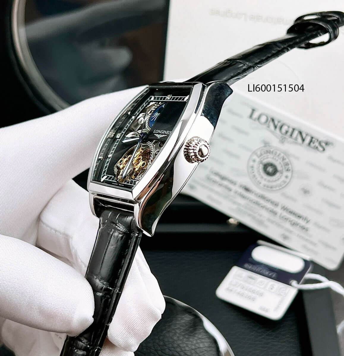Đồng hồ Longines VR factory nam máy lộ cơ viền bạc dây da đen