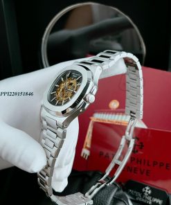 Đồng hồ nam Patek Philippe Nautilus máy lộ cơ dây bạc cao cấp