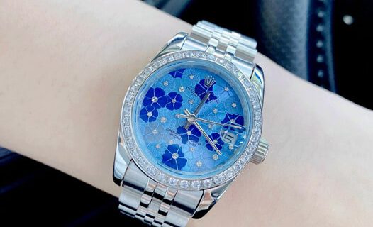 Đồng hồ nữ Rolex Lady Datejust viền đá mặt xanh đính hoa