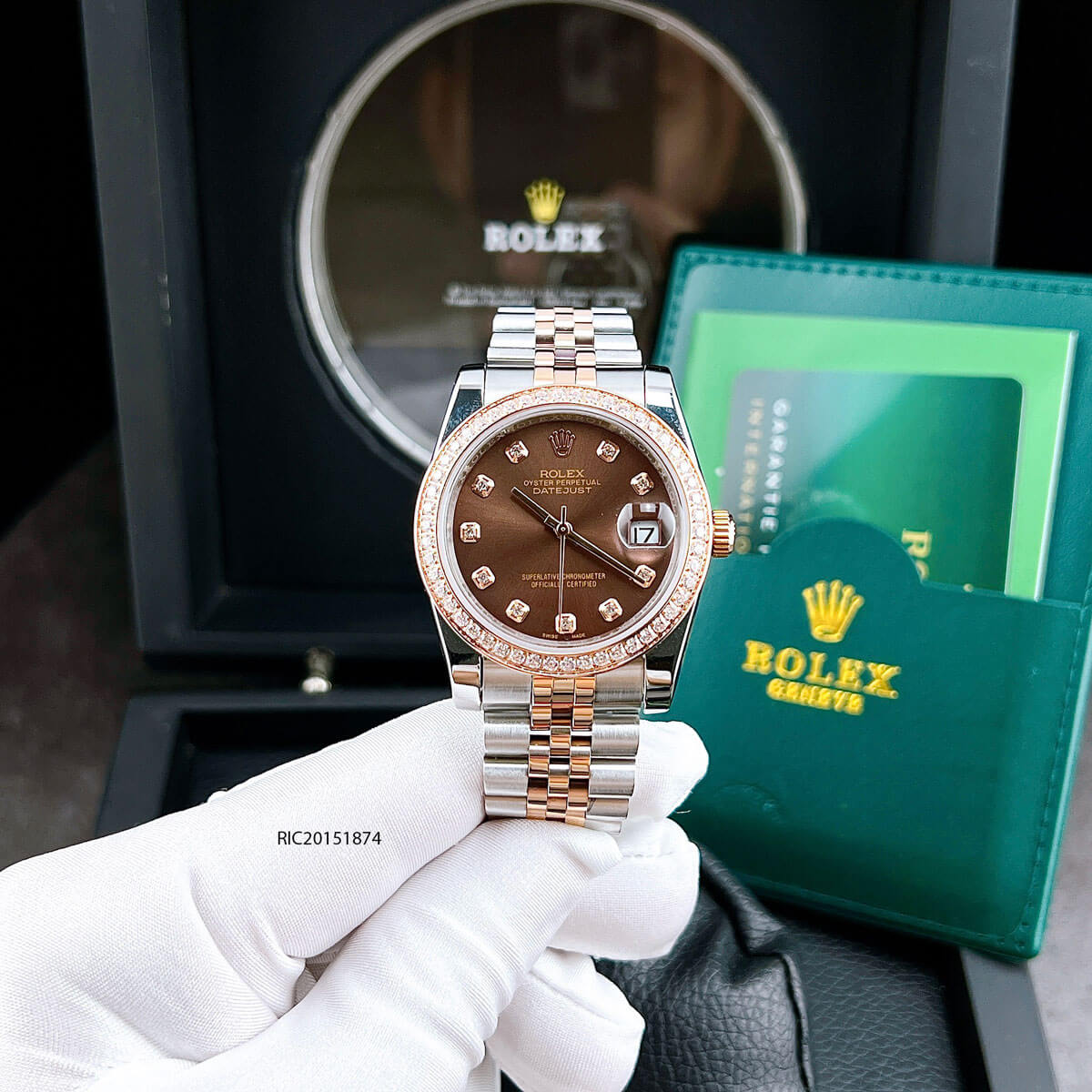 Đồng hồ Rolex DateJust máy cơ đính đá mặt nâu dây Demi không gỉ