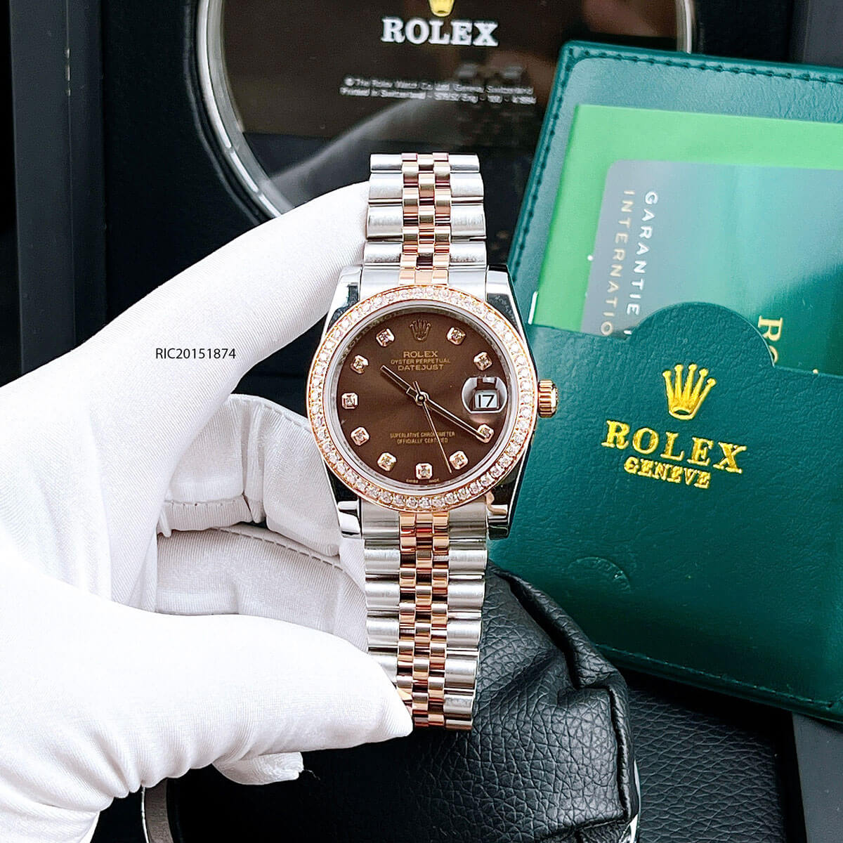 Đồng hồ Rolex DateJust máy cơ đính đá mặt nâu dây Demi không gỉ