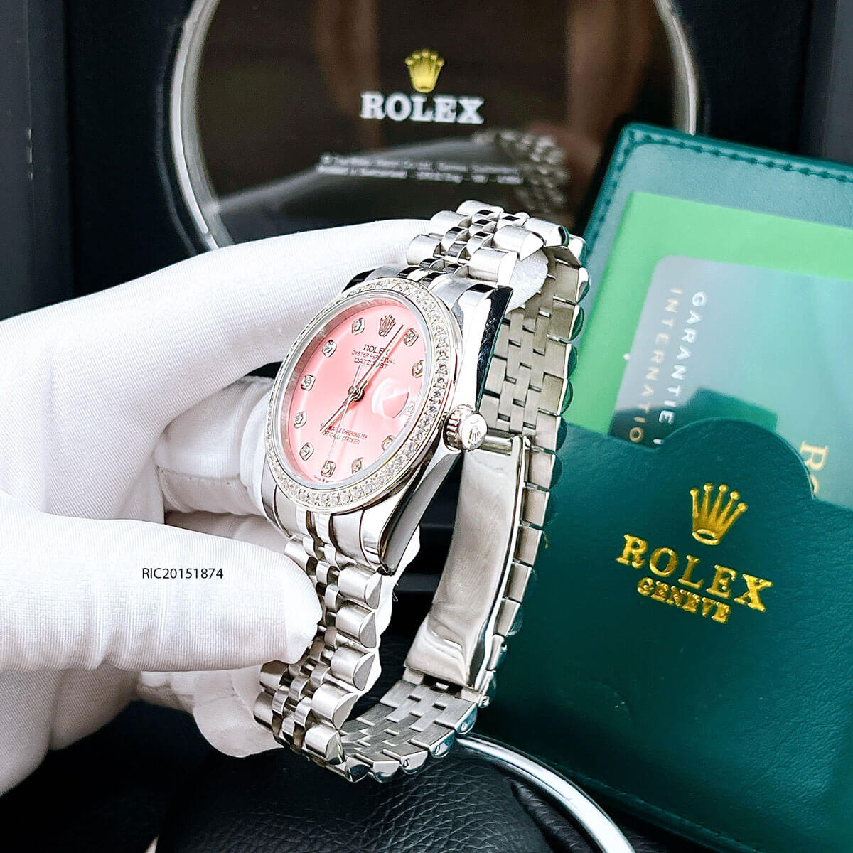 Đồng hồ Rolex DateJust máy cơ đính đá mặt hồng dây thép không gỉ