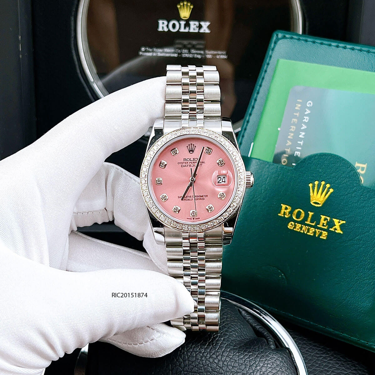 Đồng hồ Rolex DateJust máy cơ đính đá mặt hồng dây thép không gỉ