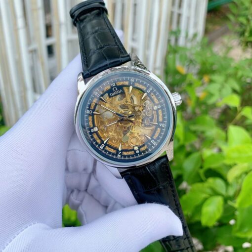 Đồng hồ nam Omega máy lộ cơ dây da đen viền bạc