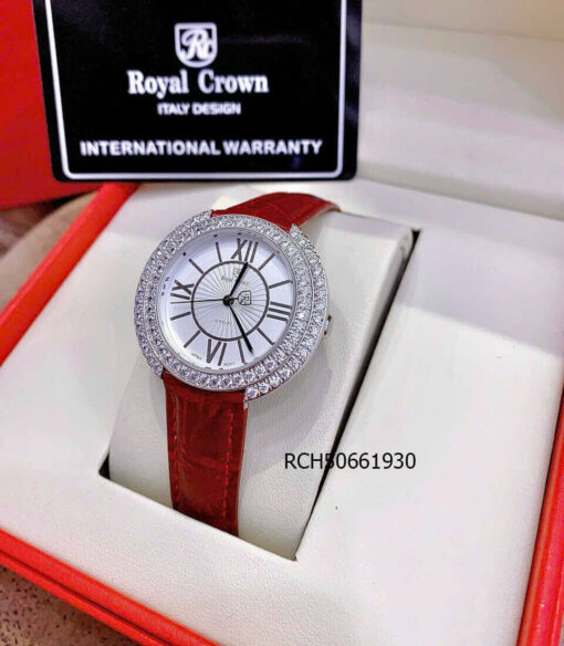 Đồng hồ Royal Crown nữ dây da đỏ chuẩn đá xoàn Mỹ