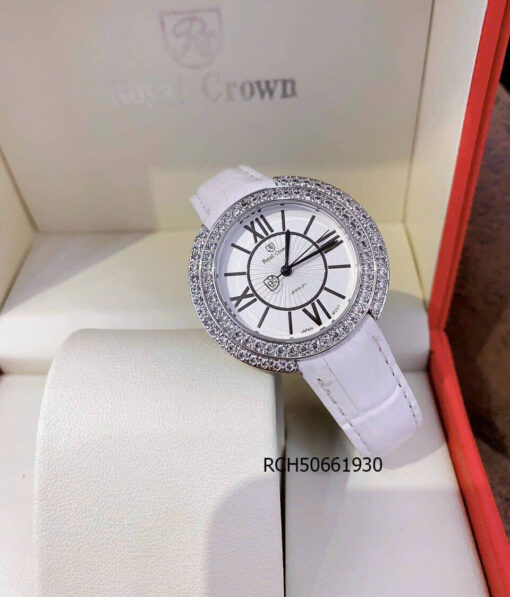 Đồng hồ Royal Crown nữ dây da trắng chuẩn đá xoàn Mỹ
