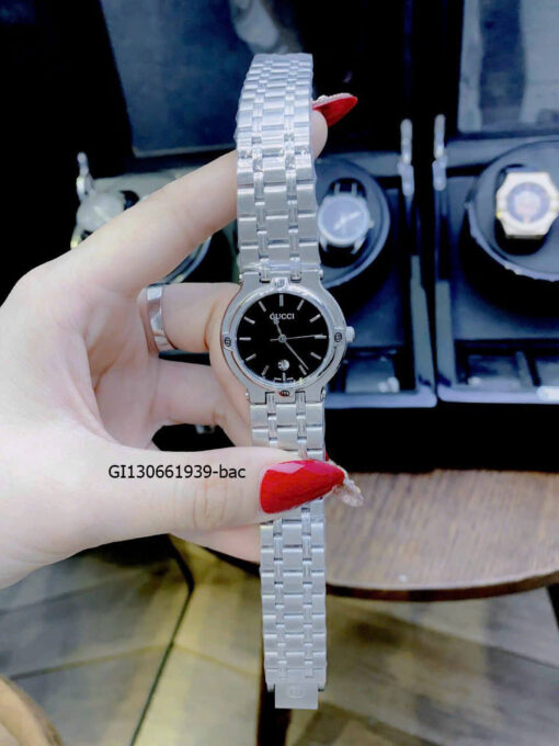 Đồng hồ Nữ Gucci Lady Quarzt Nhật thép không gỉ màu bạc mặt đen