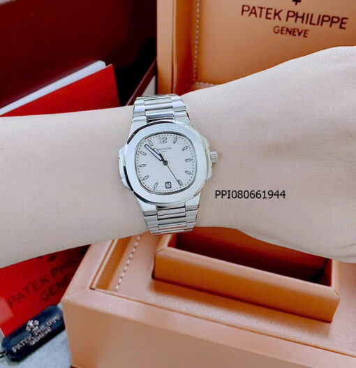 Đồng hồ nữ Patek Philippe NAUTILUS máy pin Nhật viền trơn mặt trắng dây thép không gỉ