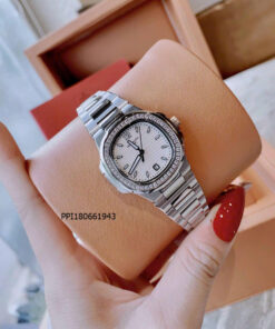 Đồng hồ nữ Patek Philippe NAUTILUS máy pin Nhật viền trơn mặt trắng dây bạc