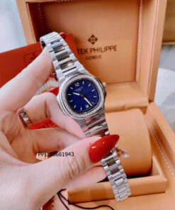 Đồng hồ nữ Patek Philippe NAUTILUS máy pin Nhật viền trơn mặt xanh dây bạc