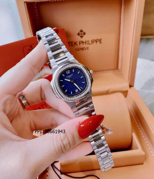 Đồng hồ nữ Patek Philippe NAUTILUS máy pin Nhật viền trơn mặt xanh dây bạc